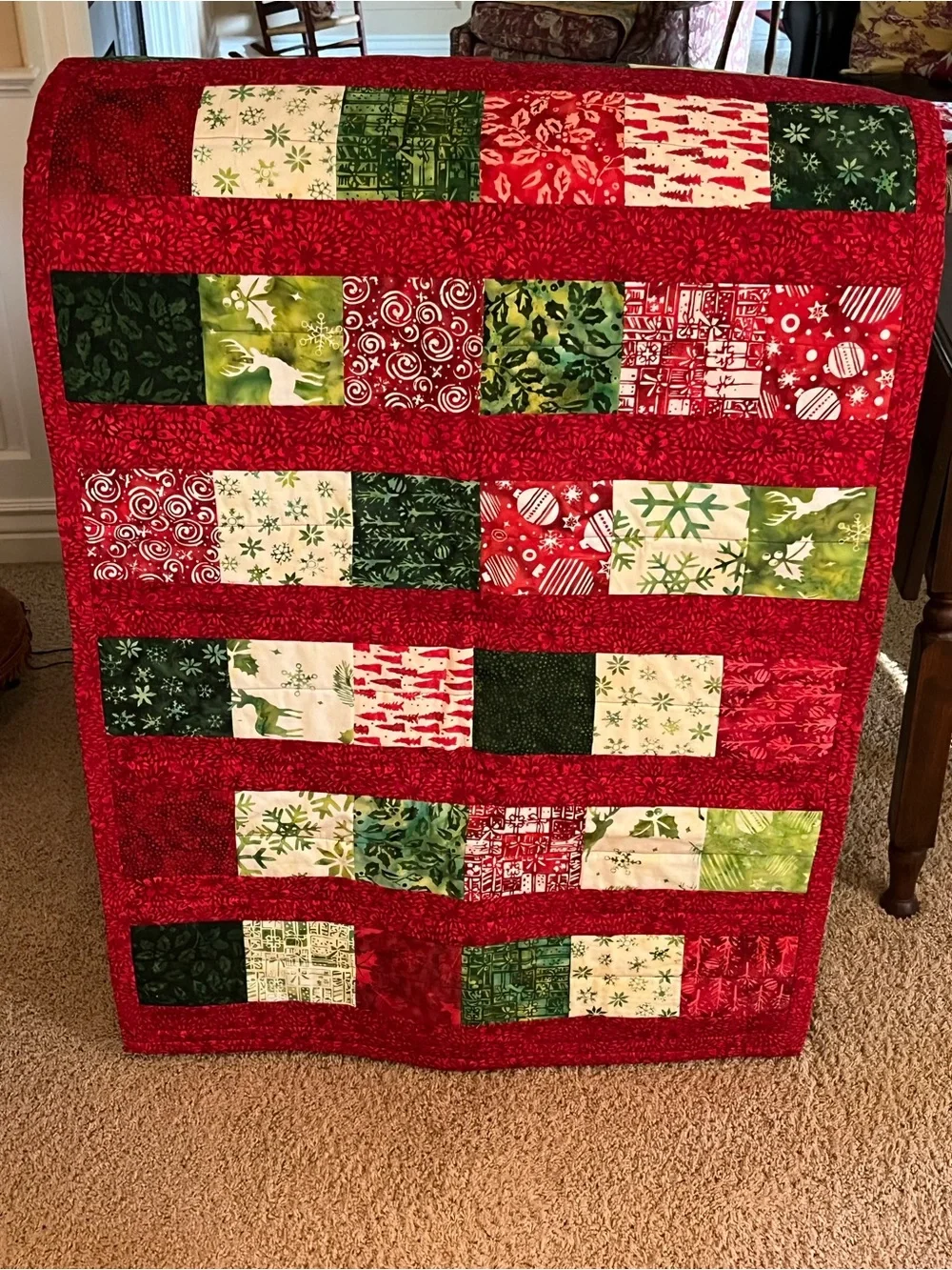 Handmade Festive Patchwork Holiday Throw in Red and Green